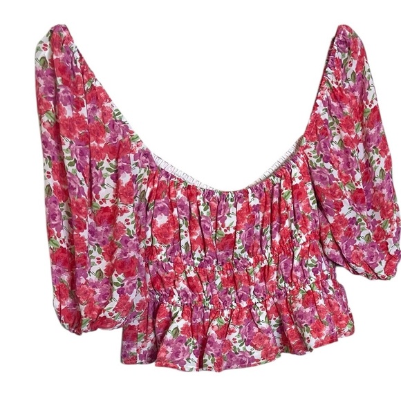 WAYF Avra Pink Red Floral Sweetheart Neckline Cottage Core Peplum Top sz L NWT - Picture 4 of 9